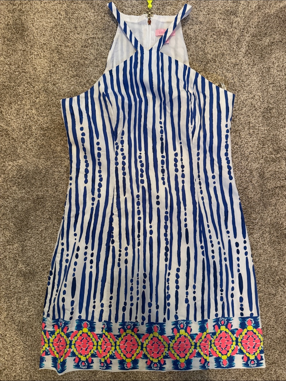 Lilly Pulitzer White and Blue Halter Stripe Dress with Neon Border
